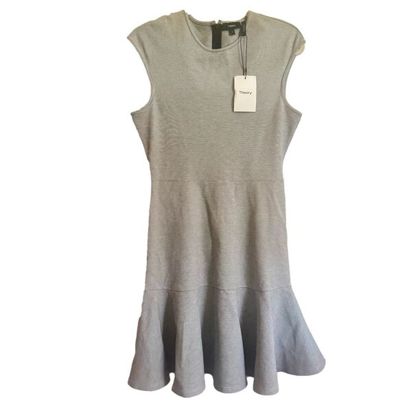 Theory New Size 8 Black White Stripe Cap Sleeve Ponte Essential Flare Mini Dress - Picture 2 of 8